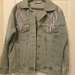Light Wash Denim Jacket with Pastel Feather Embroidery - Unbranded